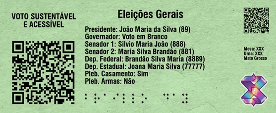 Cédula de votação sustentável em verde claro contendo: QR codes (superior esquerdo e direito), título 